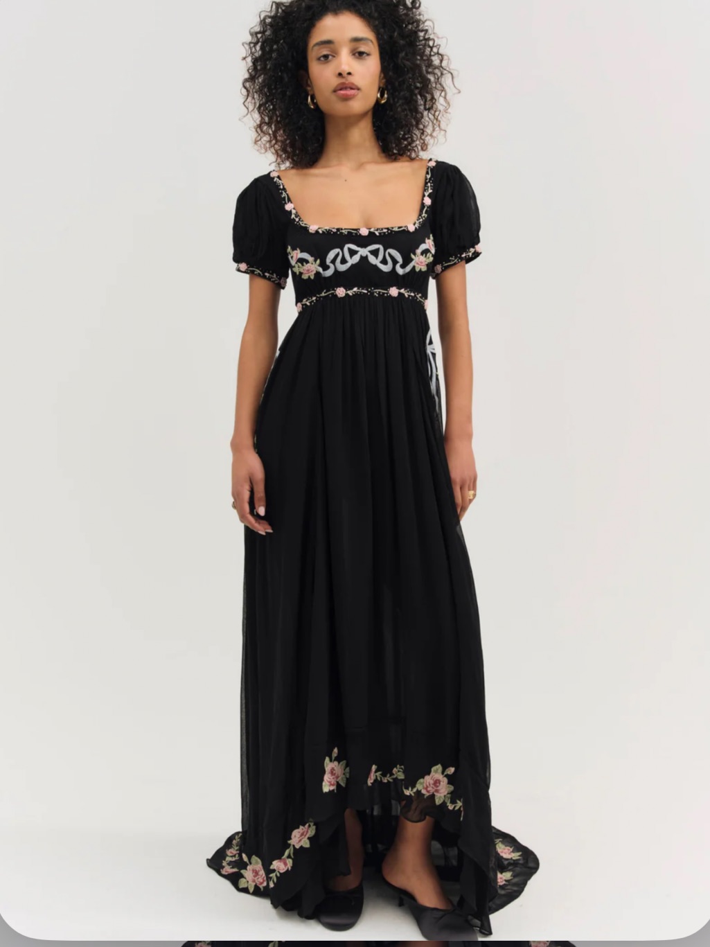 For Love & Lemons Rosemarie Embroidered Floral Bows Coquette Beaded Maxi Dress M
